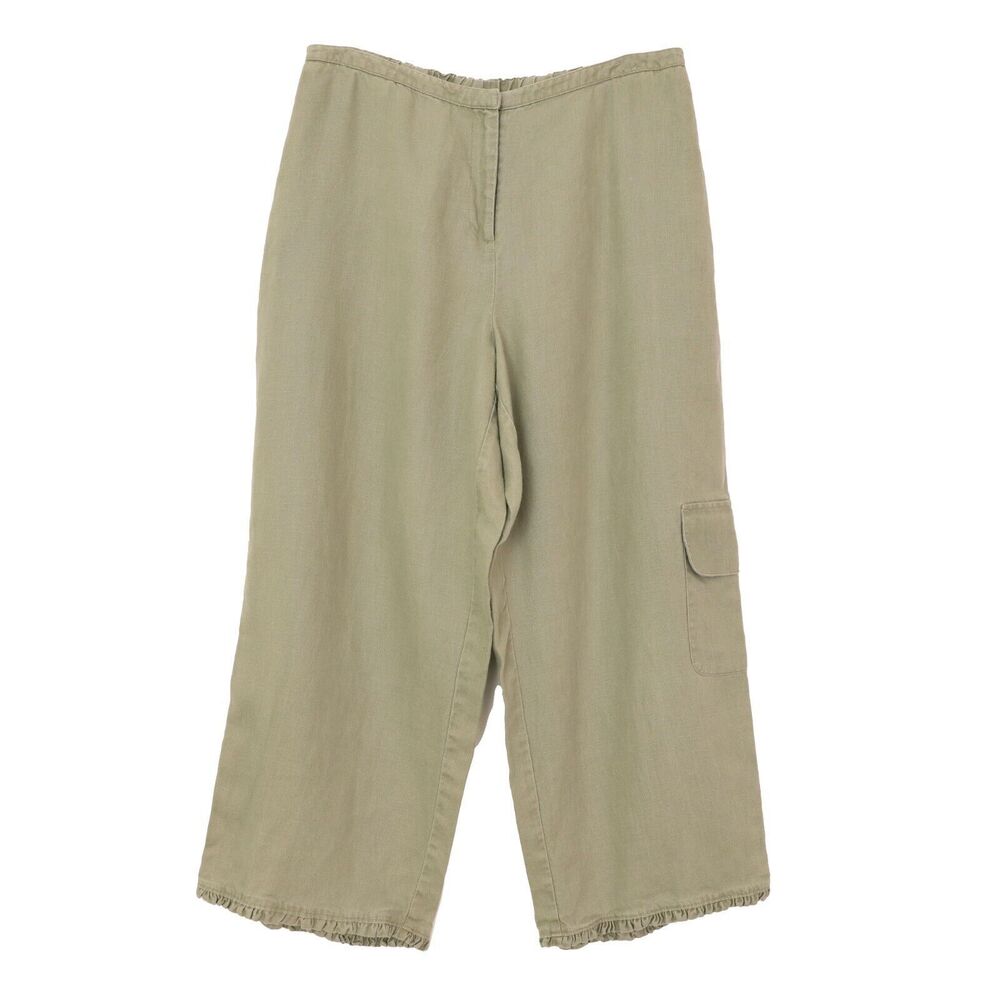 J.JILL 100% Linen Cropped Wide Cargo Pant M Faded Green Elastic Back EUC B23